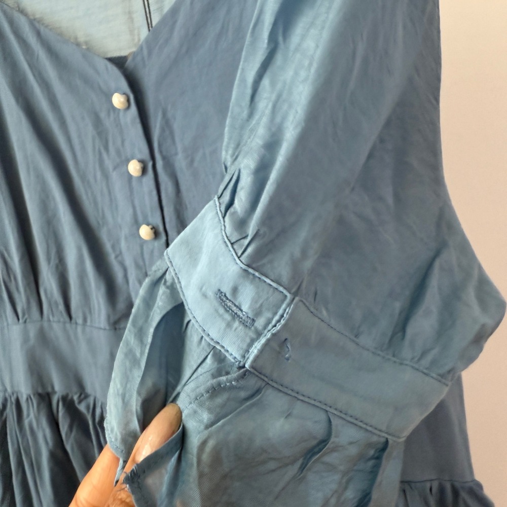 Scarlet Darkness Blue Button Front Midi Dress Tie Waist Sheer Sleeve Women's 2XL - Picture 5 of 8